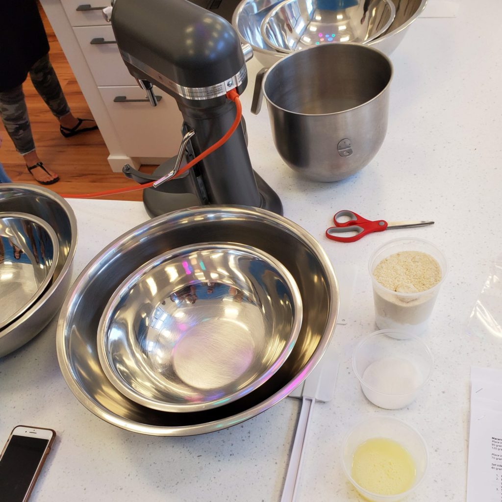 macaron bar mixing bowls and ingredients
