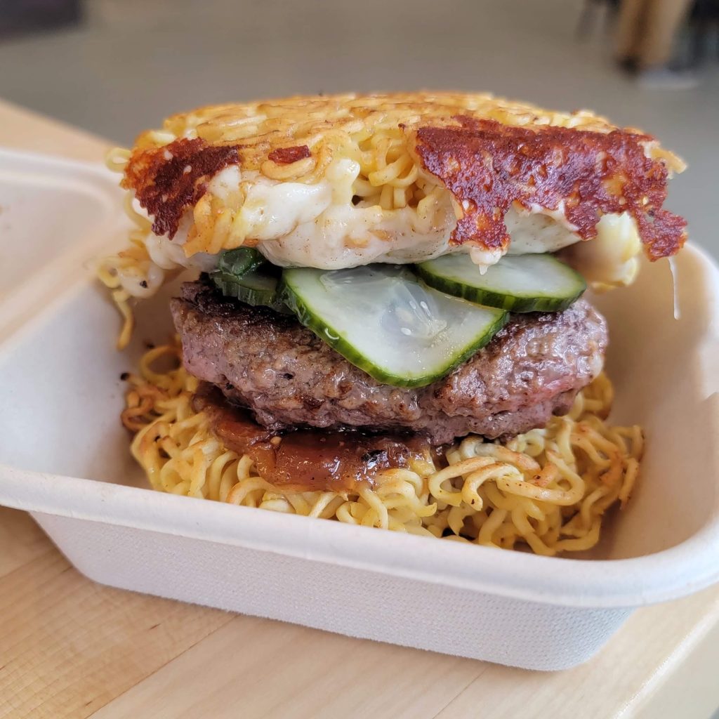 Blue Sparrow Ramen Burger. It's a burger with a ramen noodle bun.