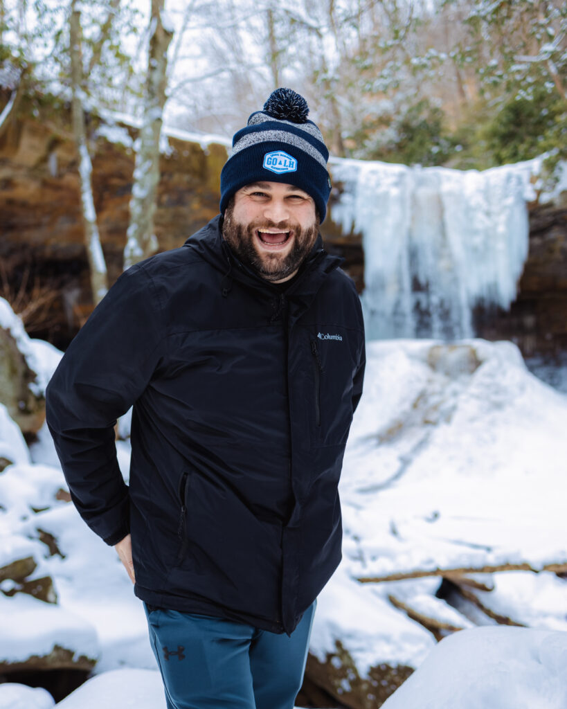 Alex at a frozen Cucumber Falls at Ohiopyle State Park in Pennsylvania