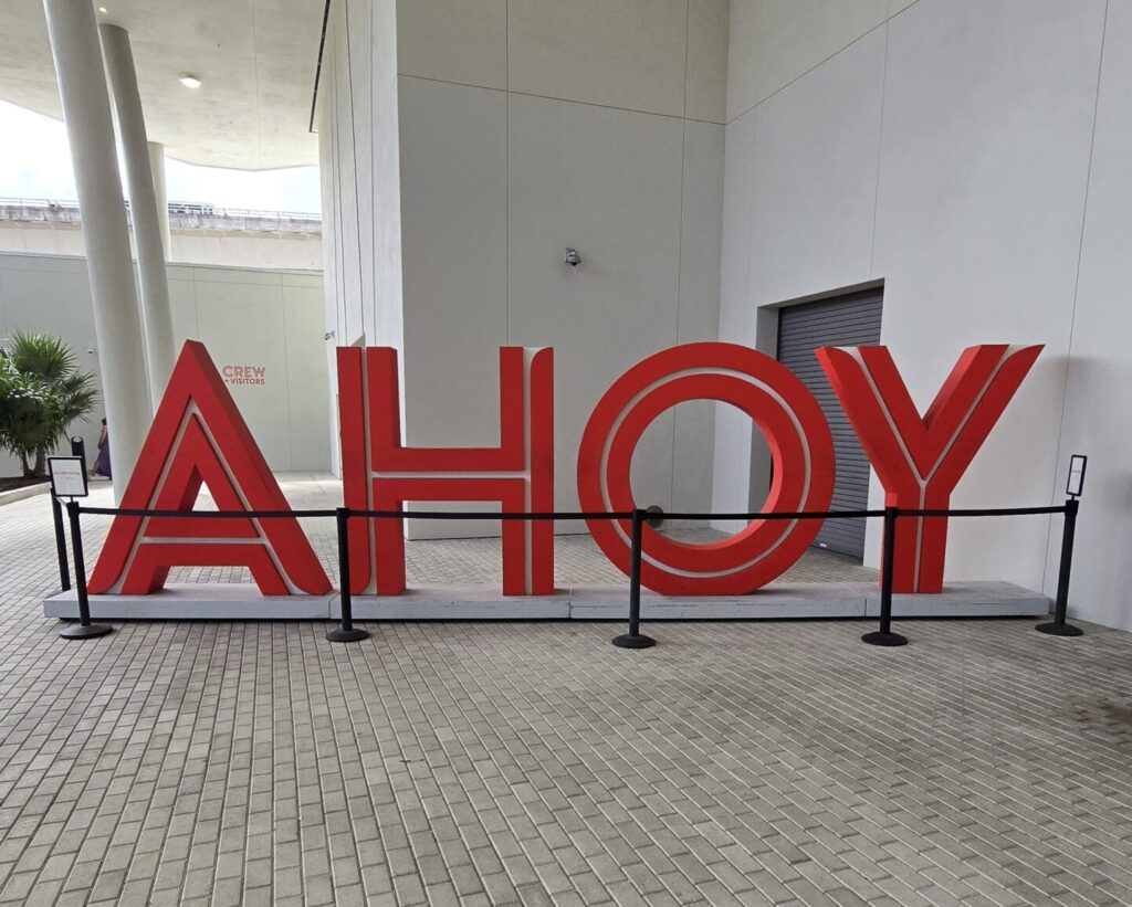 AHOY sign at Virgin Voyages terminal at Port Miami