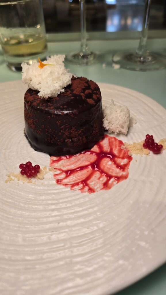 chocolate cake served at Test Kitchen on Virgin Voyages Scarlet Lady cruise ship