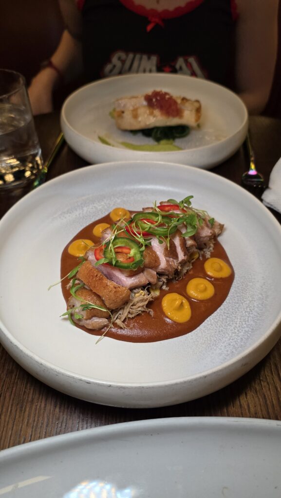 pato roasted duck breast in mole sauce served at Pink Agave on Virgin Voyages Scarlet Lady cruise ship