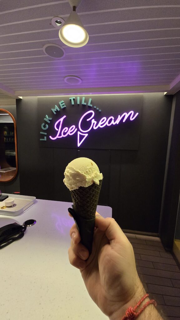 Ice Cream Cone served at Lick Me Till...Ice Cream on Virgin Voyages Scarlet Lady cruise ship